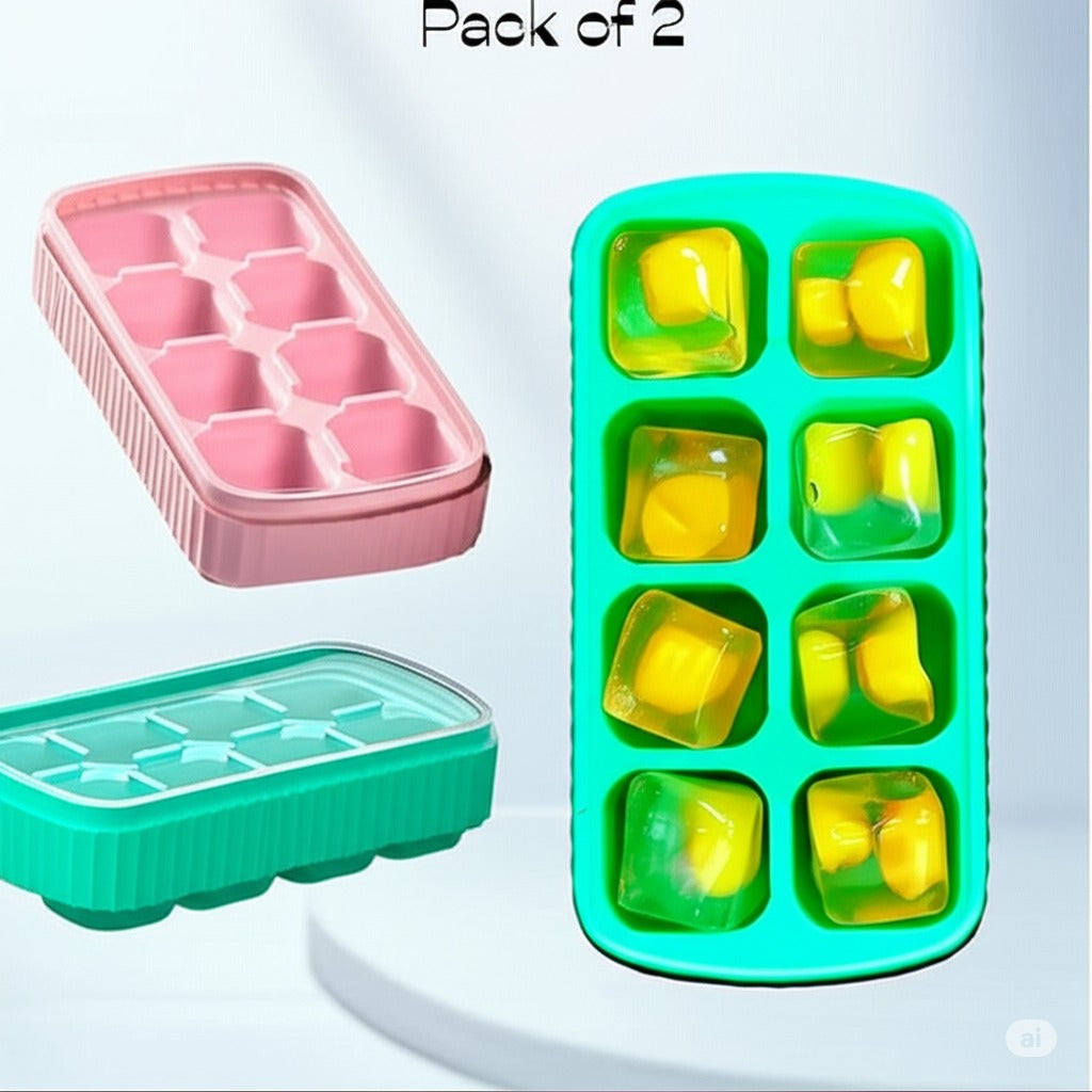 Awesome 2 Pack Silicone.. Ice Cube.. Trays with lid, Flexible 8-Ice Trays BPA Free, for Cake Chocolate Mould Kitchen Baking Tools, , Cocktail, Stackable Flexible Safe Ice Cube.. Molds (Pack of 2) Multicolor